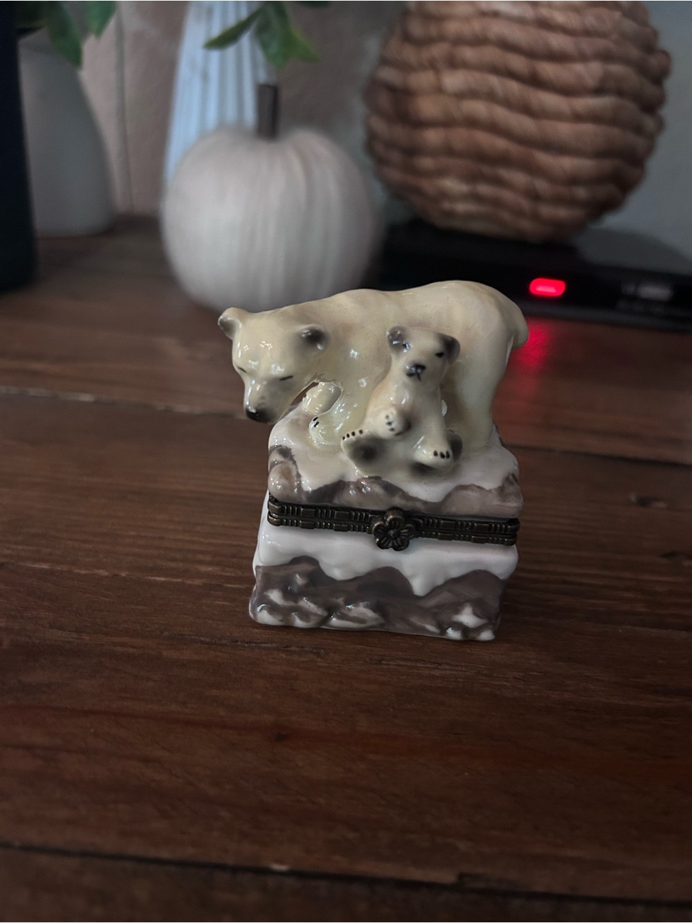 Ceramic Polar Bear Figurine Jewelry Box - Cream and Brown